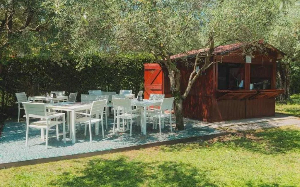 Area relax in giardino con tavoli e chiosco bar tra gli ulivi