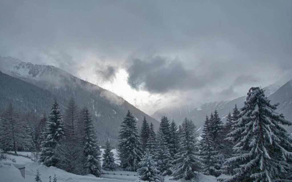 Paesaggio invernale con abeti innevati e montagne avvolte dalle nuvole