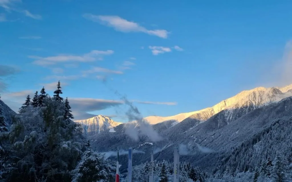 Cime innevate illuminate dal sole con alberi imbiancati e cielo azzurro