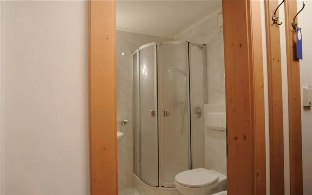 Bagno con doccia angolare in vetro, WC e rifiniture in legno