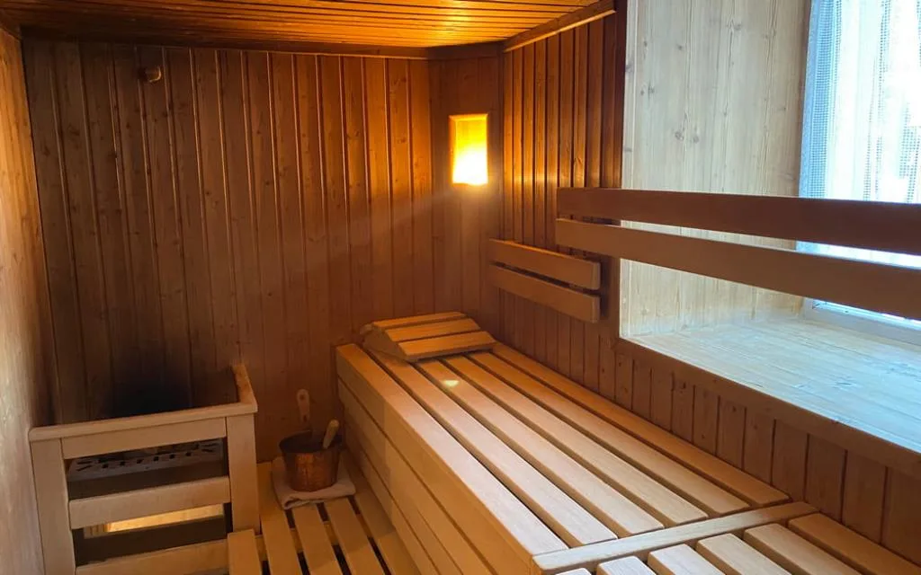 Sauna finlandese in legno con panche e finestra