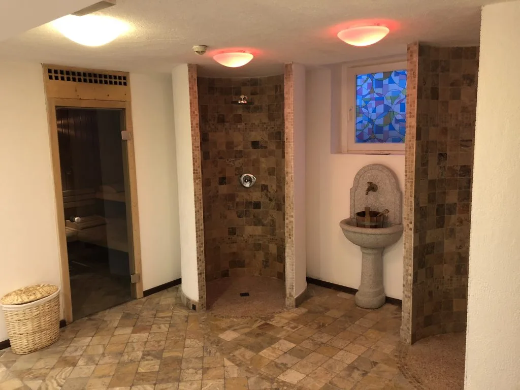 Area spa con sauna, doccia emozionale e fontanella in pietra