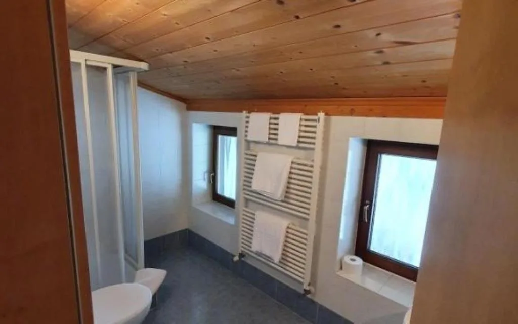 Bagno con soffitto in legno, termoarredo con asciugamani e finestre