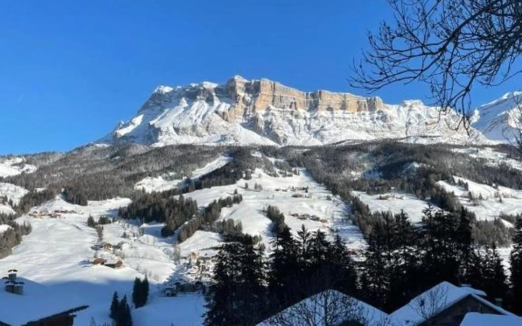 Panorama delle montagne innevate delle Dolomiti con bosco e paese