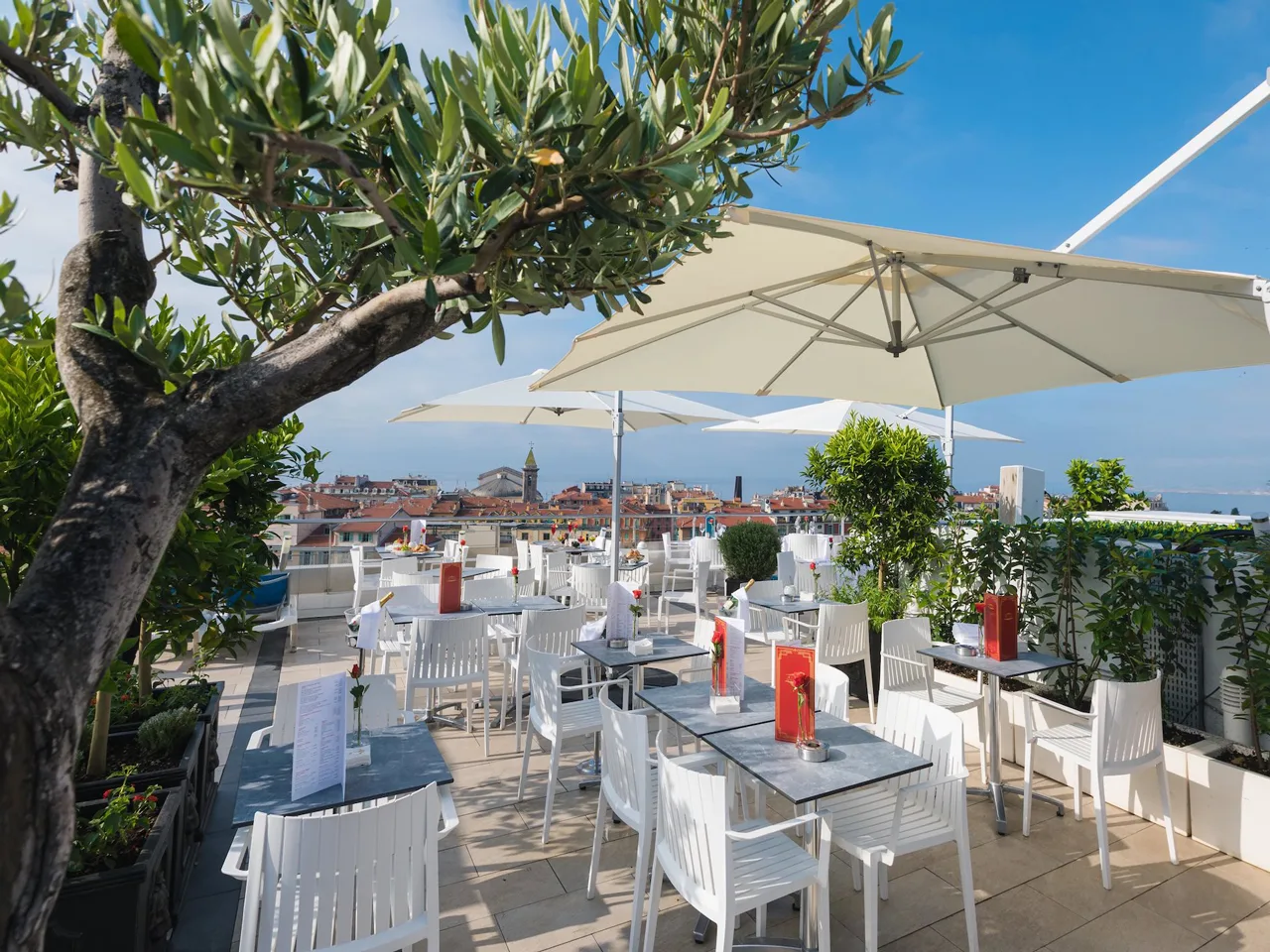 Terrazza ristorante all'aperto con tavoli bianchi, ombrelloni e ulivo con vista sulla città