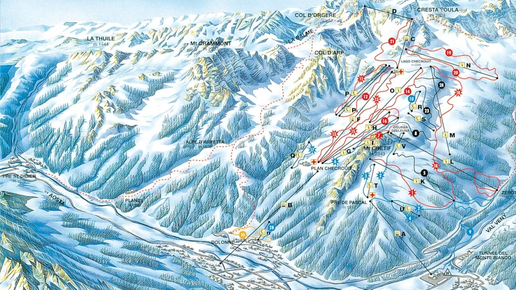 Mappa illustrata delle piste da sci del comprensorio di Courmayeur