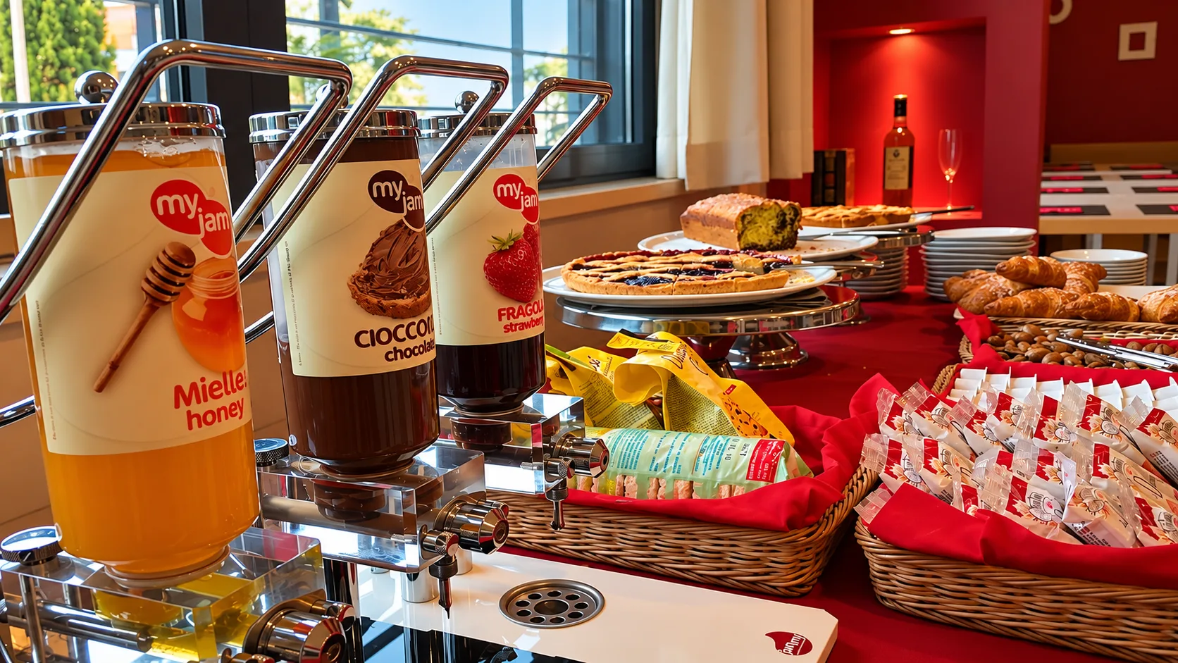 Buffet della colazione con dispenser di miele, cioccolata, marmellata e dolci