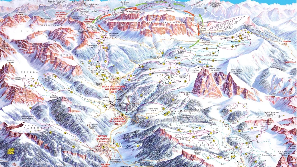 Mappa panoramica delle piste da sci della Val Gardena e del comprensorio Dolomiti