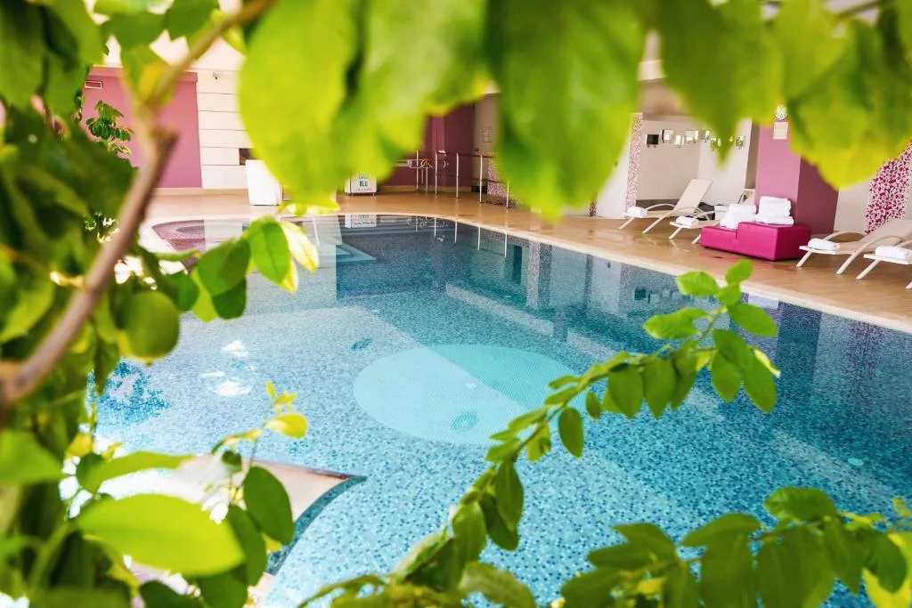 Piscina interna azzurra vista tra le foglie verdi