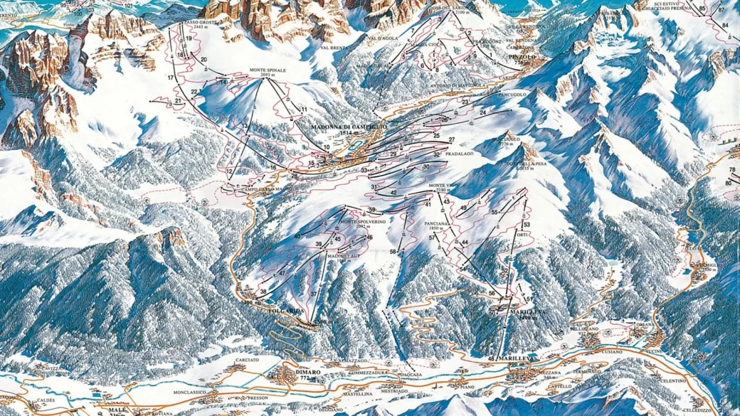 Mappa del comprensorio sciistico di Madonna di Campiglio con piste e impianti