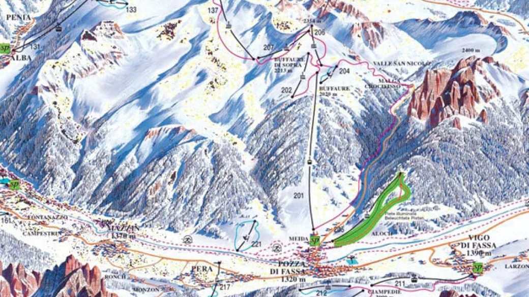 Mappa illustrata delle piste da sci della Val di Fassa con impianti e località