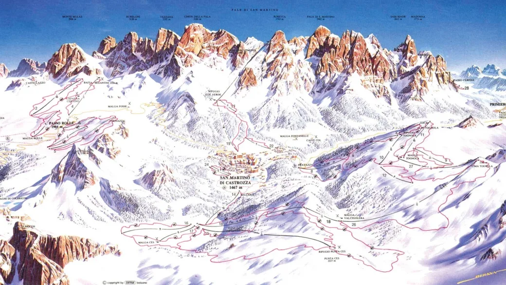 Mappa panoramica delle piste da sci di San Martino di Castrozza e Passo Rolle