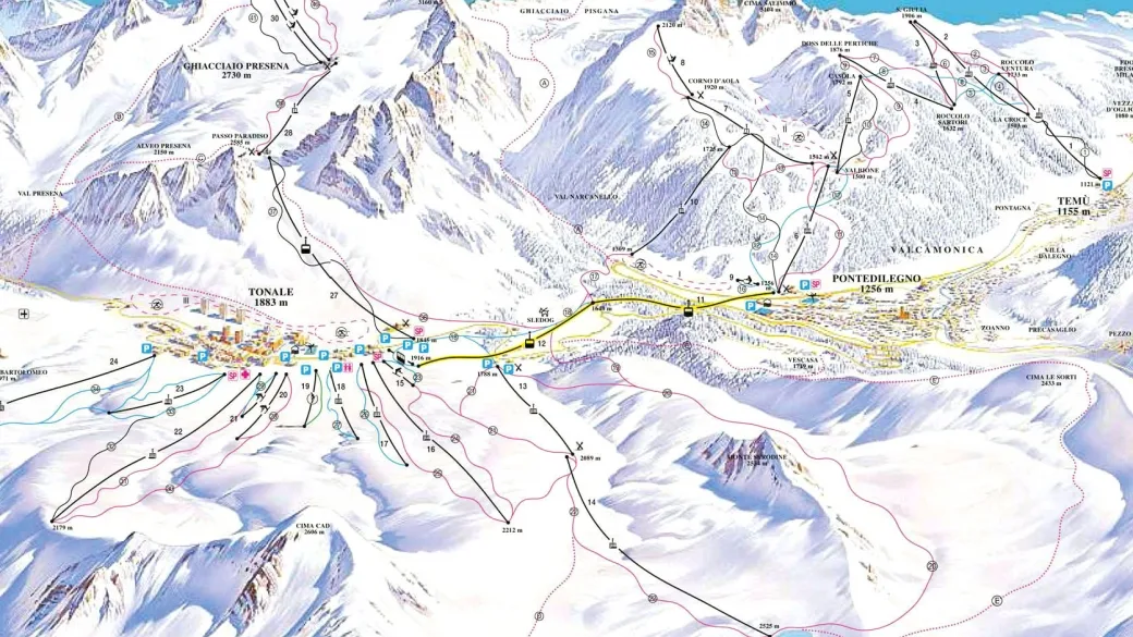 Mappa delle piste da sci del comprensorio di Tonale e Ponte di Legno