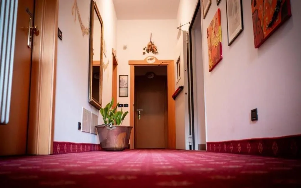 Corridoio interno dell'hotel con moquette rossa, quadri e pianta decorativa