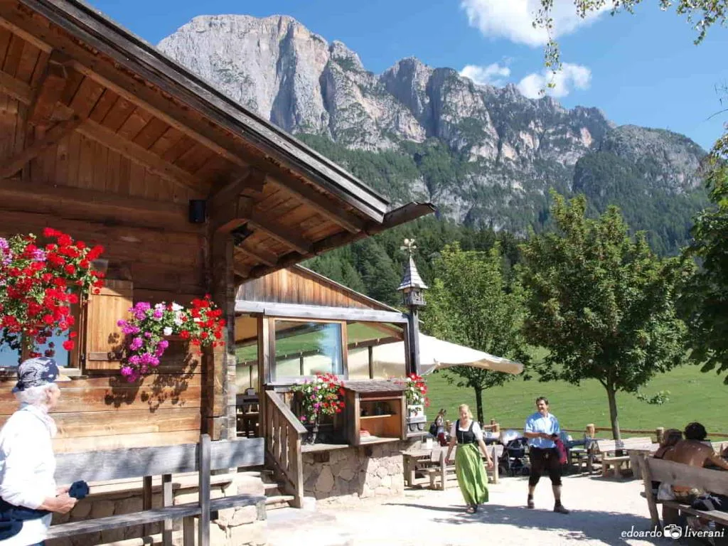 Baita di montagna con fiori e Dolomiti sullo sfondo in estate