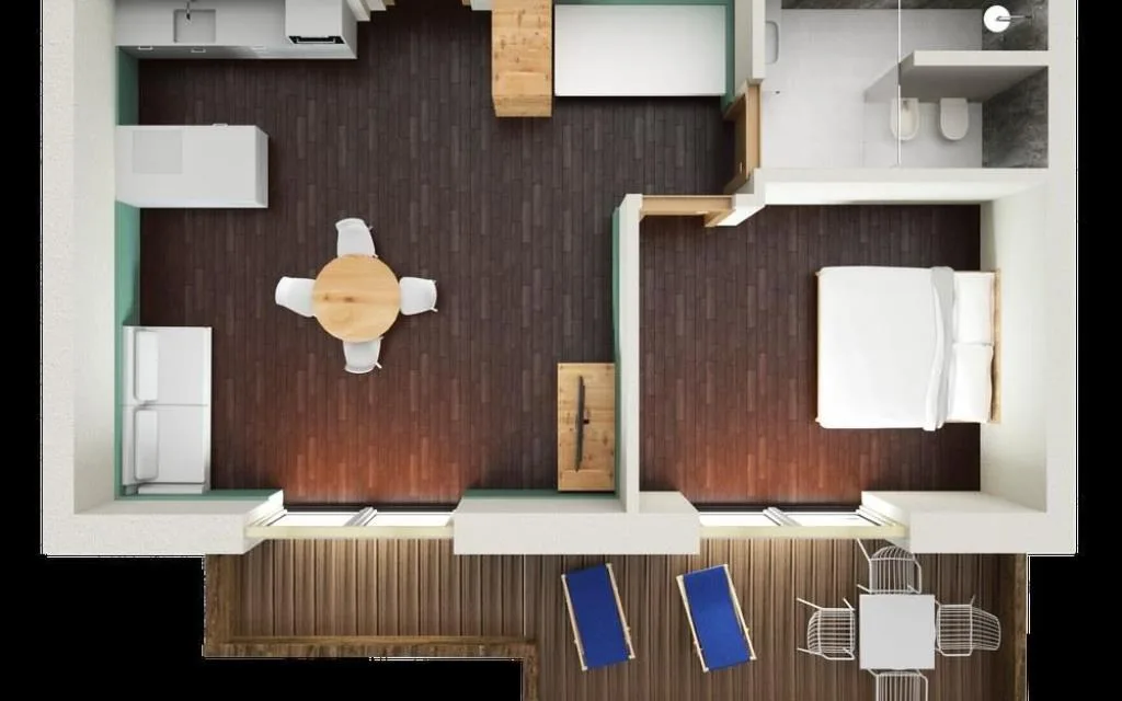 Planimetria 3D di appartamento con cucina, camera e terrazza