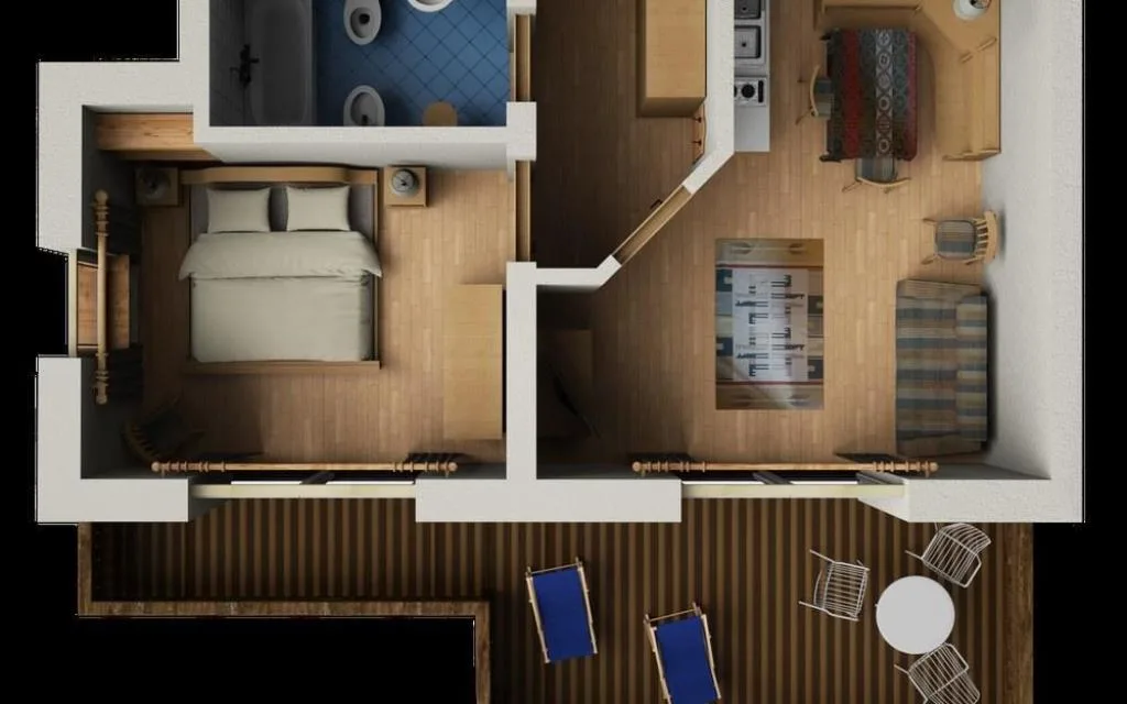 Planimetria 3D di appartamento con camera, bagno e soggiorno